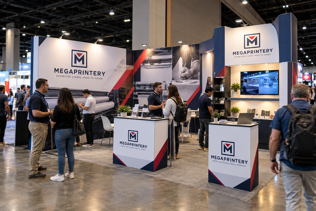 A Megaprintery stand on the floor of an exhibition hall.