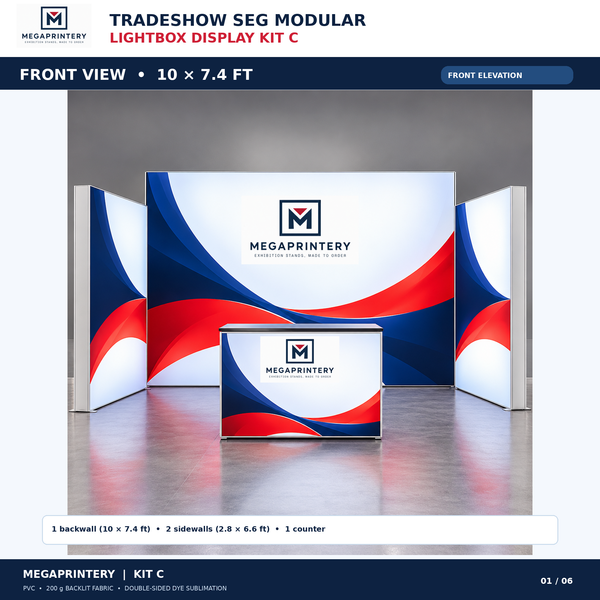 Front view of Megaprintery Tradeshow SEG Modular Lightbox Display Kit C, illustrative 10 × 7.4 ft backwall, two shorter 2.8 × 6.6 ft side panels and counter; not factory photography.