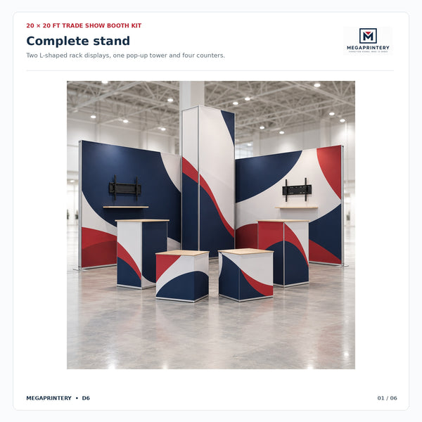 20x20ft Trade Show Booth Kit D6: two L-shaped displays with racks, pop-up tower, two bar-height counters and two square counters