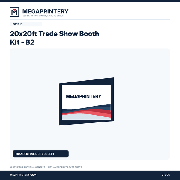 20x20ft Trade Show Booth Kit - B2: illustrative branded concept 1/6; hardware details not verified