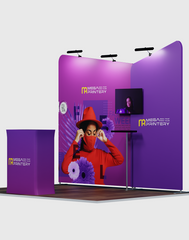 10×10 Trade Show Exhibit – Inclined Tension Fabric Booth Kit with LED & Shelving