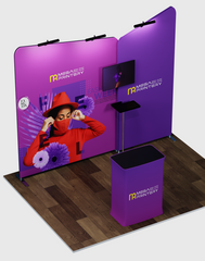 10×10 Trade Show Exhibit – Inclined Tension Fabric Booth Kit with LED & Shelving