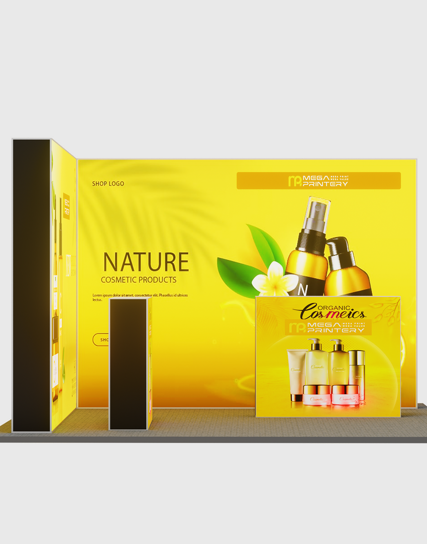 L-Shaped Illuminated Media Wall Set with Counters for 10ft x 10ft Booths