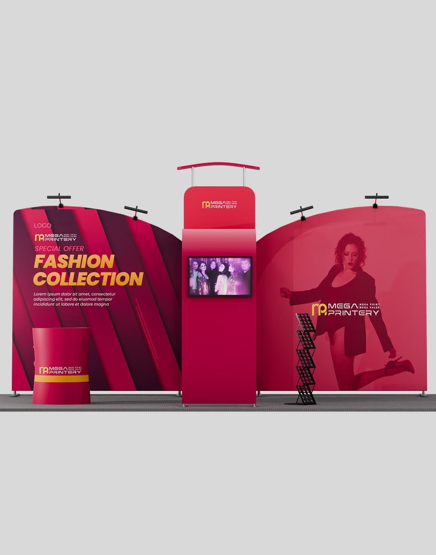 20×10 Trade Show Exhibit Wall – Inclined Tension Backdrop with 3D Wall & L‑Arch Feature