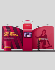 20×10 Trade Show Exhibit Wall – Inclined Tension Backdrop with 3D Wall & L‑Arch Feature