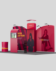 20×10 Trade Show Exhibit Wall – Inclined Tension Backdrop with 3D Wall & L‑Arch Feature