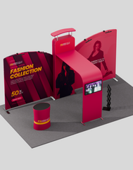 20×10 Trade Show Exhibit Wall – Inclined Tension Backdrop with 3D Wall & L‑Arch Feature