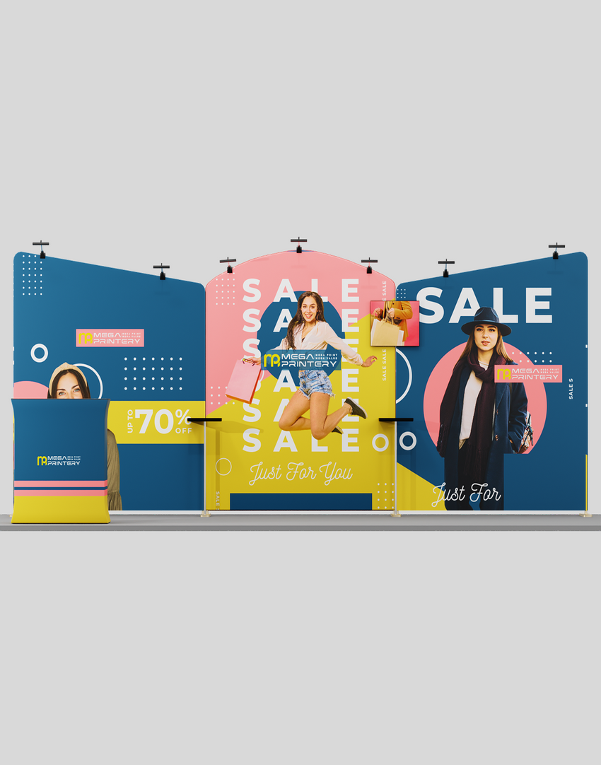 20×10 Trade Show Kit – Inclined Straight Backdrop with Round Top Display – Pro