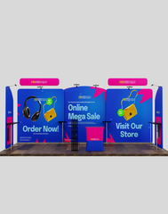 20′×10′ Trade Show Booth System – Straight Media Wall & Round Table Top