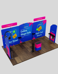 20′×10′ Trade Show Booth System – Straight Media Wall & Round Table Top