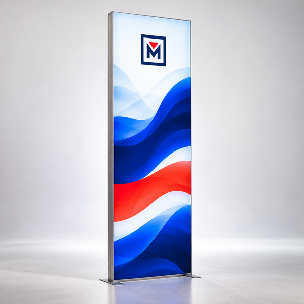 2.8 × 7.4 ft SEG Light Box — front concept of one freestanding LED light box with Megaprintery logo. Illustrative, not manufacturer photography.
