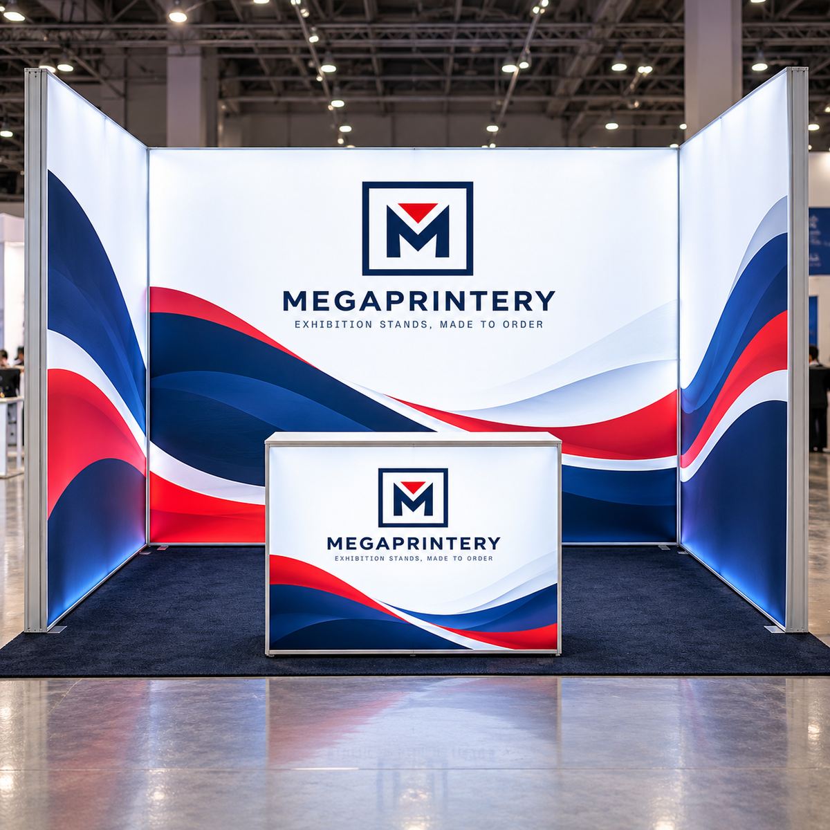 Kit F front view: conceptual Megaprintery-branded SEG lightbox exhibit with wide backwall, left and right sidewalls and single counter. Illustrative render, not product photography.