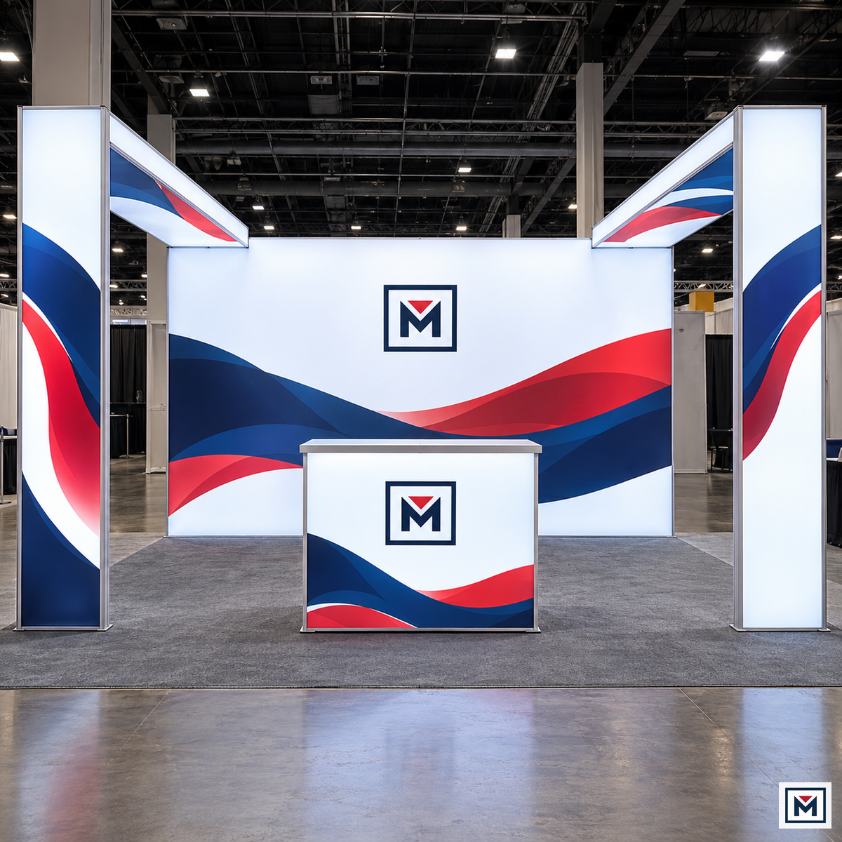 Kit H front view — illustrative SEG lightbox exhibit with one backwall, two illuminated archway uprights, two overhead return panels and a separate counter; reference size 10 × 6.6 ft.