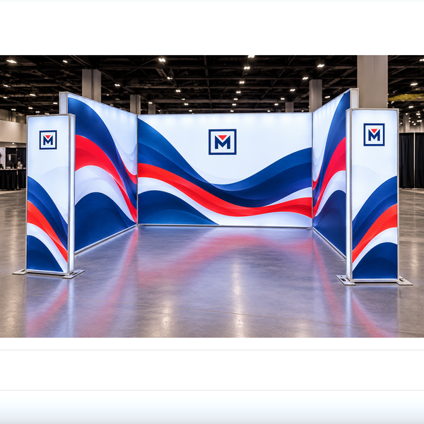 Kit K front-view illustrated exhibition display with one main backwall, two full-size sidewalls, and two narrow front dividers. No counter is included. Not manufacturer photography.