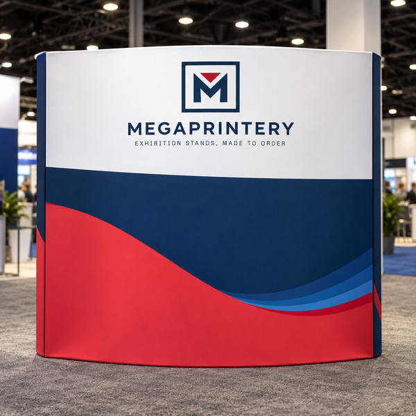 7.5ft x 7.5ft curved SEG pop-up display wall in a trade show, Megaprintery artwork. Illustrative concept, manufacturer geometry unverified.