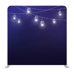 The Masson jar Garland Lights Over Wooden Blue Background Media Wall - Backdropsource