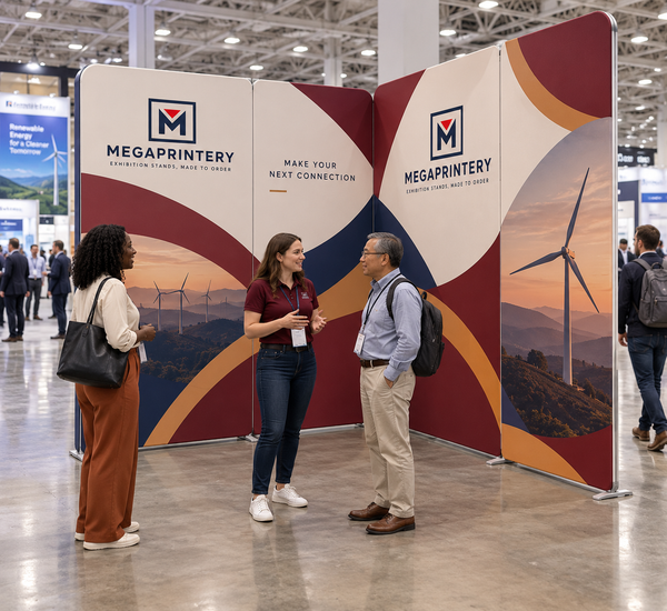 13x13 magnetic display A, 8 ft height option: four 6 ft wide panels in a corner layout at an energy expo