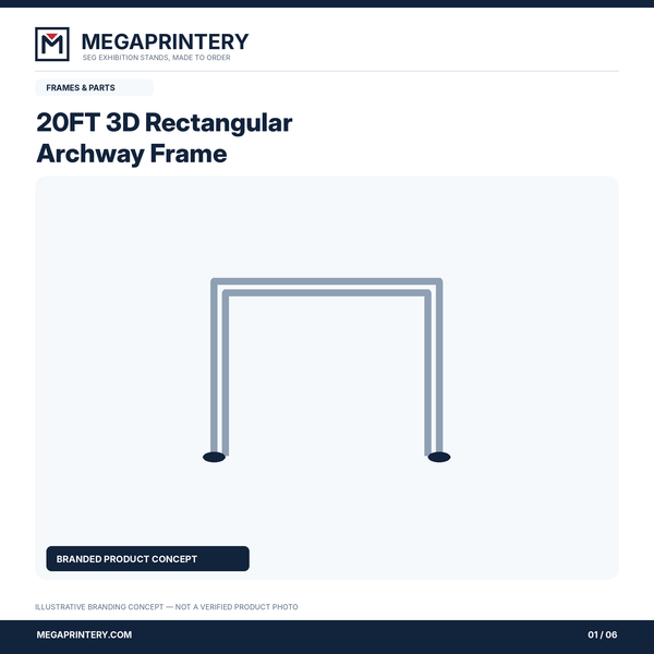 20FT 3D Rectangular Archway Frame: illustrative branded concept 1/6; hardware details not verified