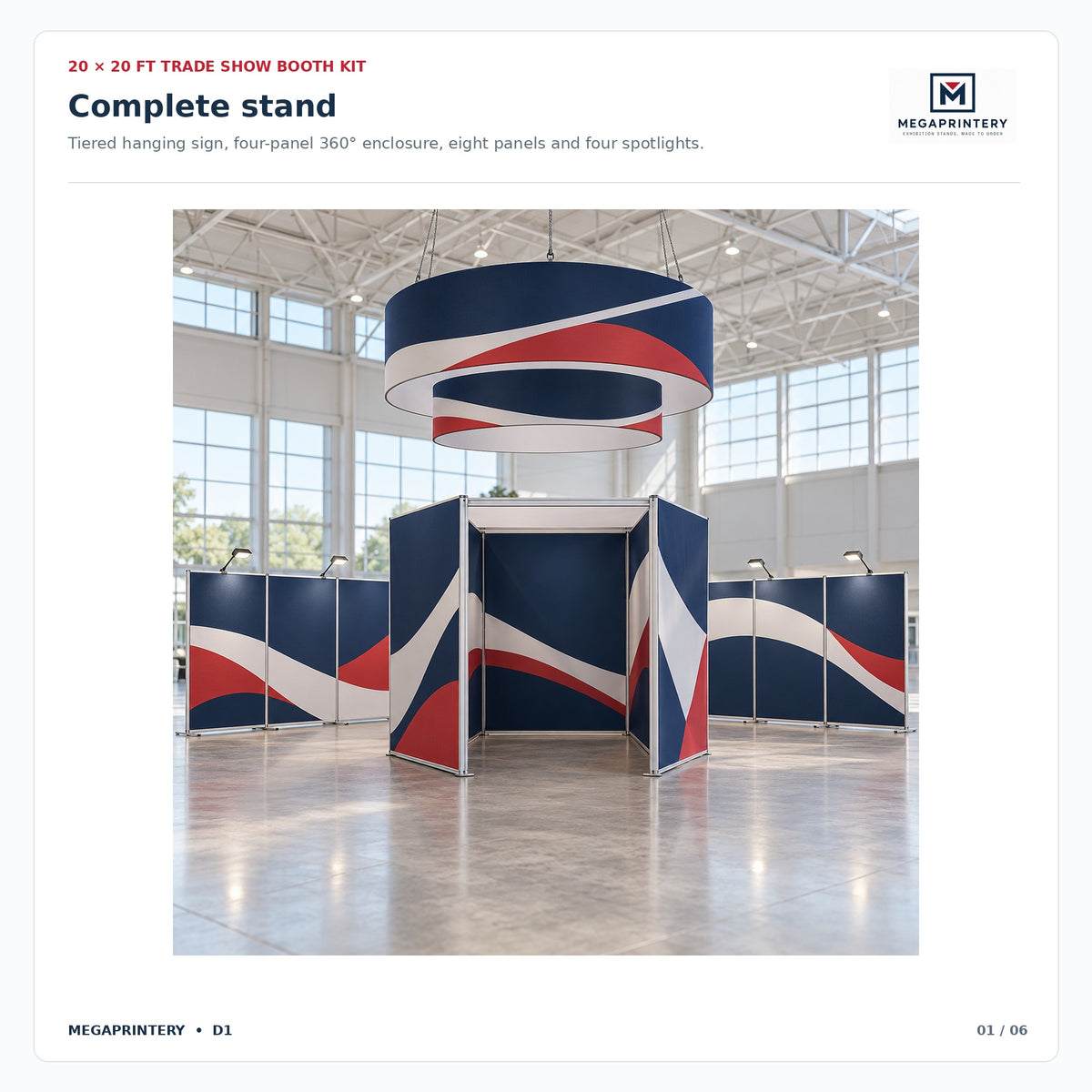 20x20ft Trade Show Booth Kit D1: tiered circular hanging sign, four-panel 360 degree enclosure, eight straight panels and four spotlights