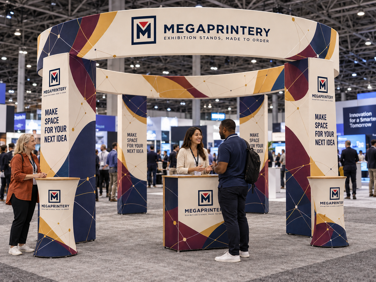 Megaprintery D3 20x20ft booth at a technology exhibition with ring, four 3D fabric columns, two bar-height counters and one square counter