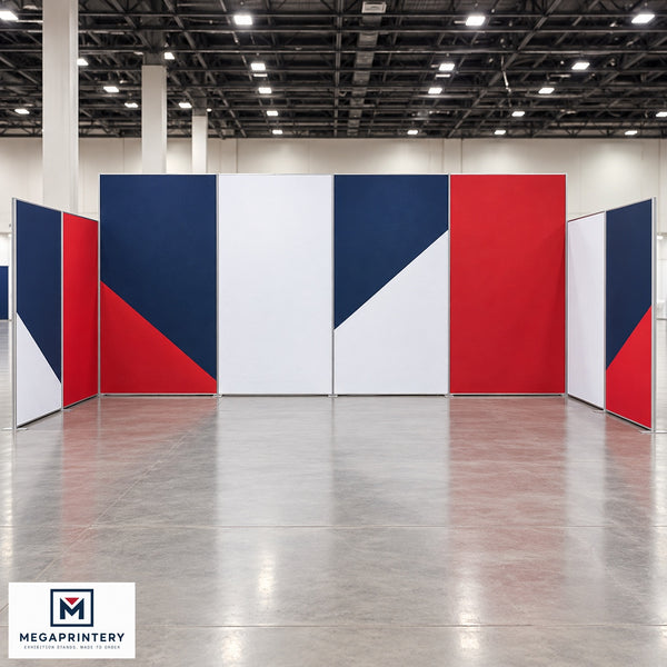 Front view of eight straight magnetic fabric panels, four 6.5 ft and four 8 ft — Megaprintery