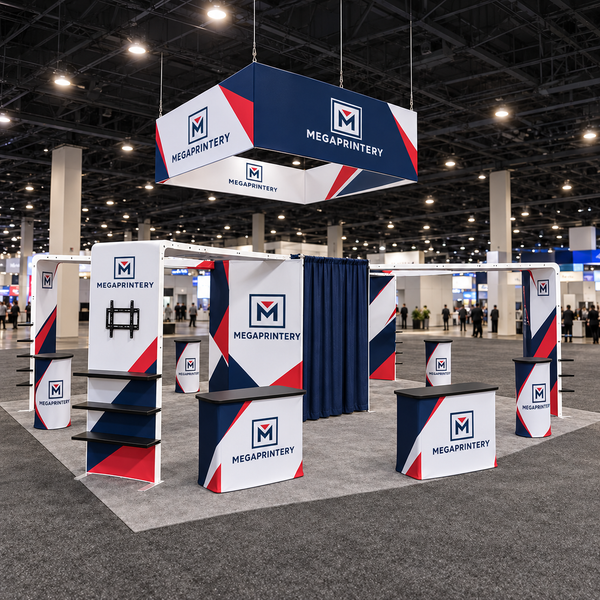 30x20ft Trade Show Booth Kit D1, complete booth; photorealistic product visualization