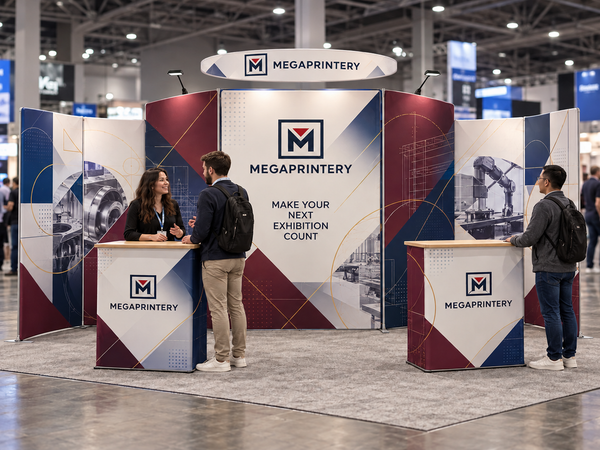 Megaprintery B9 10x20ft booth at a manufacturing exhibition with seven fabric panels, oval header, two counters and two LED spotlights