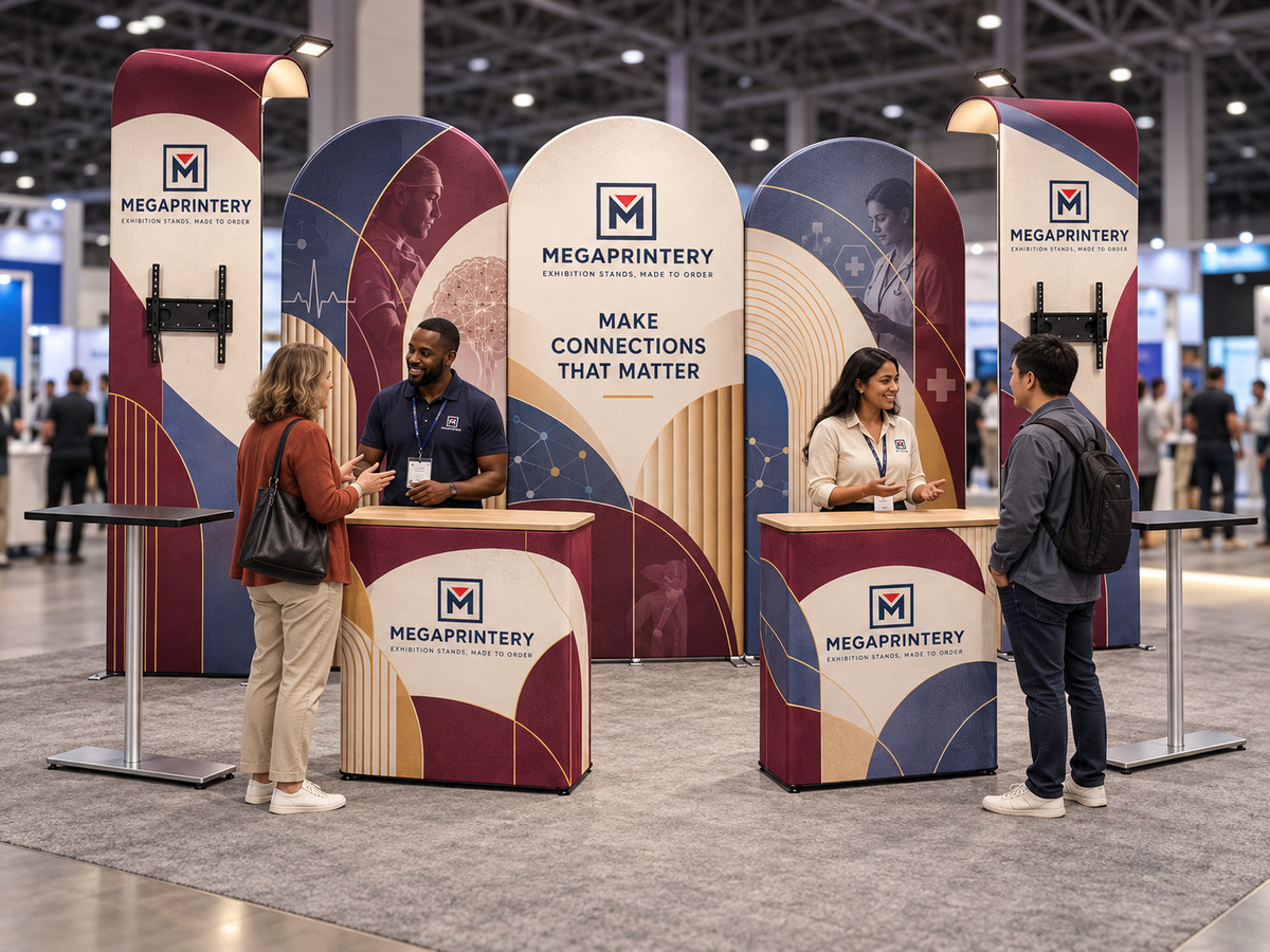 Megaprintery C3 10x20ft booth at a healthcare exhibition with three arch panels, two curved TV mount stands, two counters, two modular tables and two spotlights