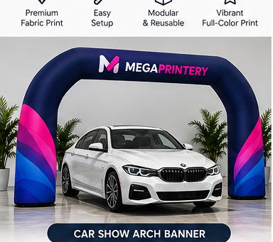 Illustrative Megaprintery branded concept for Car Show Arch Banner; product configuration may vary