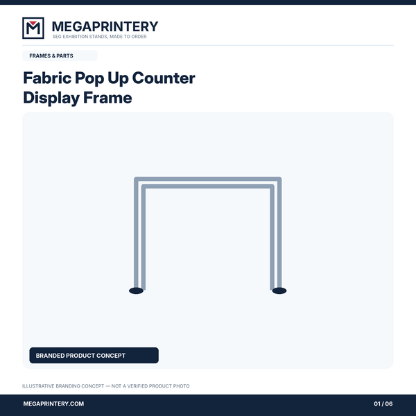 Fabric Pop Up Counter Display Frame: illustrative branded concept 1/6; hardware details not verified
