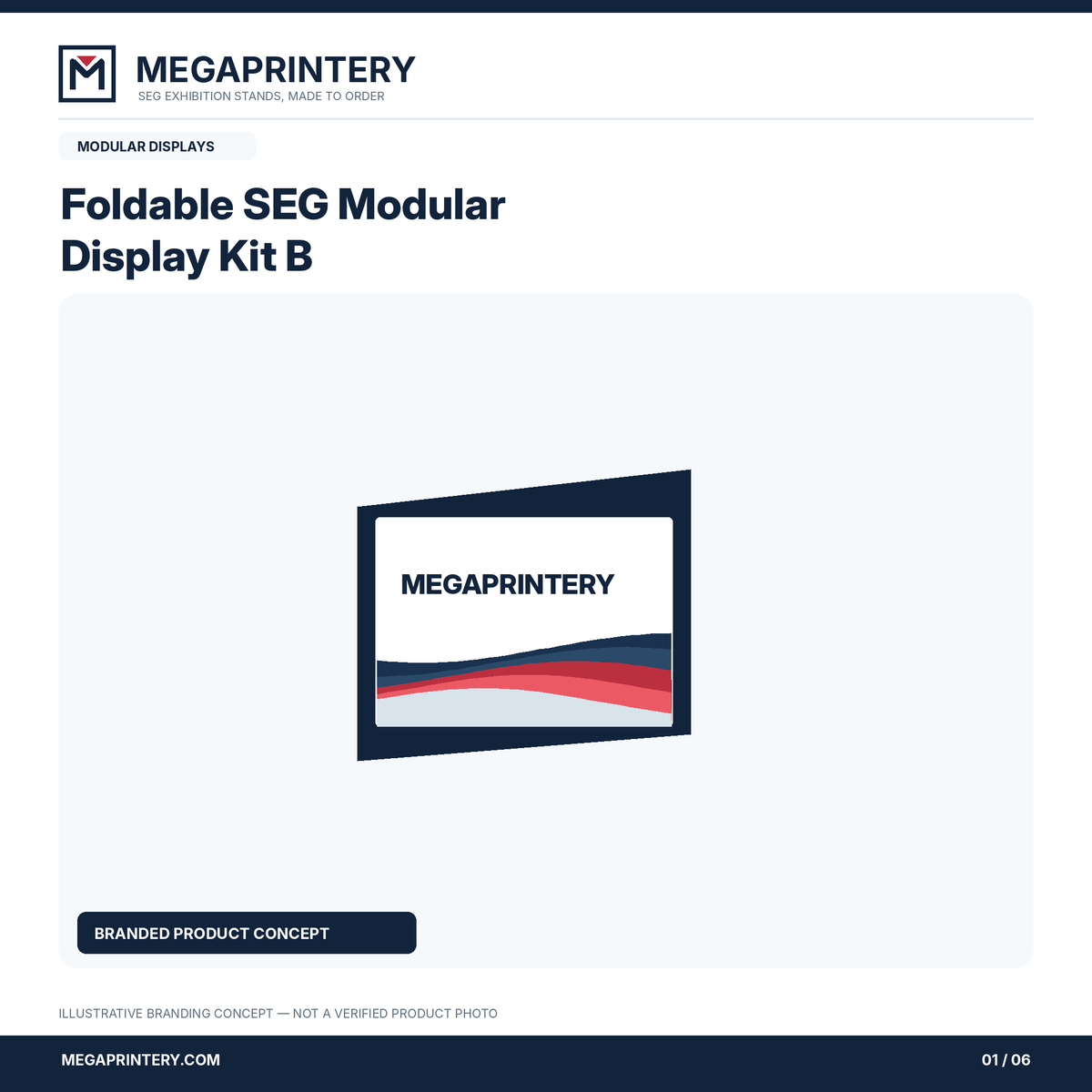 Foldable SEG Modular Display Kit B: Megaprintery illustrative concept graphic 1 of 6; not a verified product photograph