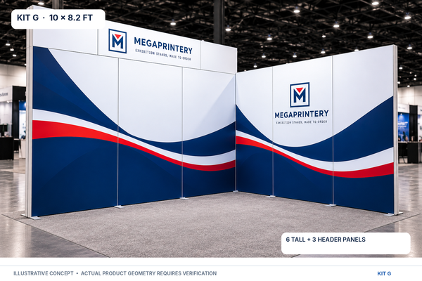 Kit G 10 × 8.2 ft – illustrative two-wall display and raised header; assembly geometry not manufacturer-verified.