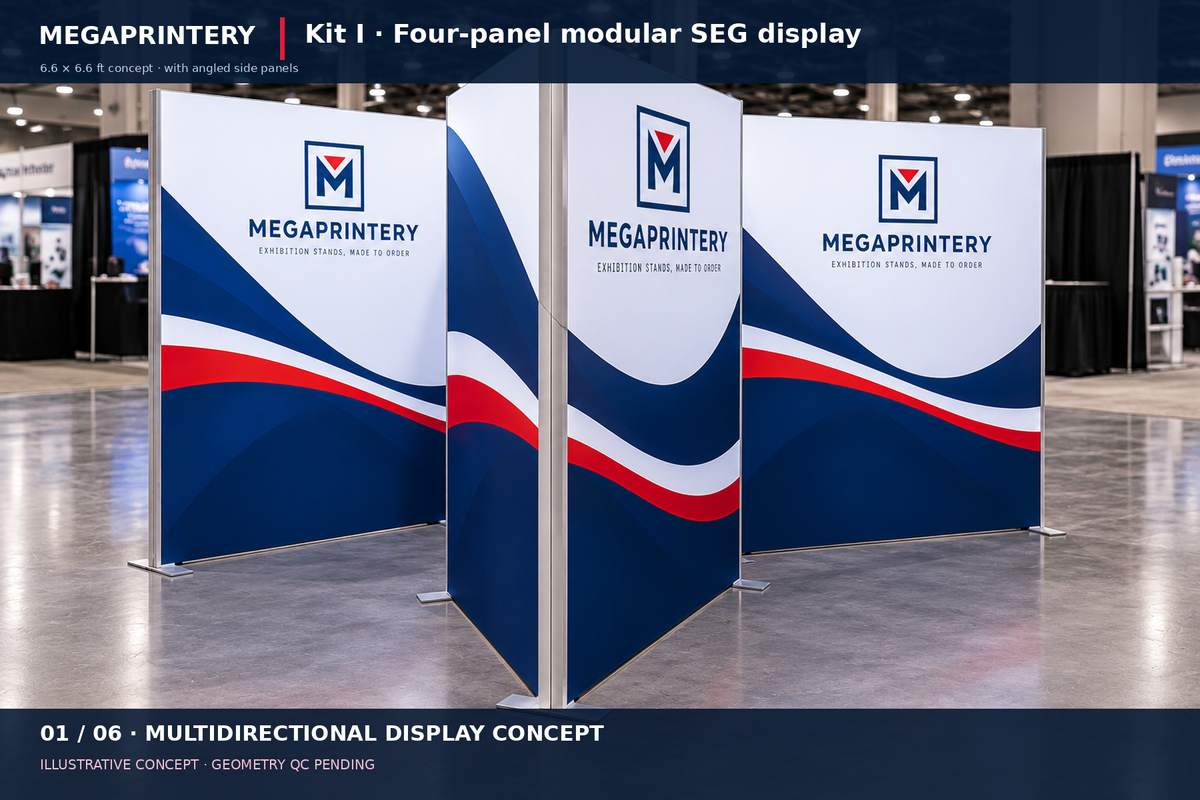 Kit I — illustrative four-panel angled SEG display (6.6 × 6.6 ft); exact Y-junction not manufacturer-verified.