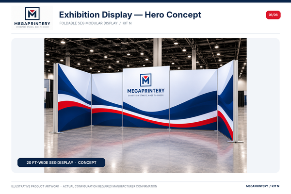 Foldable SEG Kit N — illustrative 20 × 6.6 ft semi-enclosed trade show display. Exact structural arrangement not manufacturer verified.