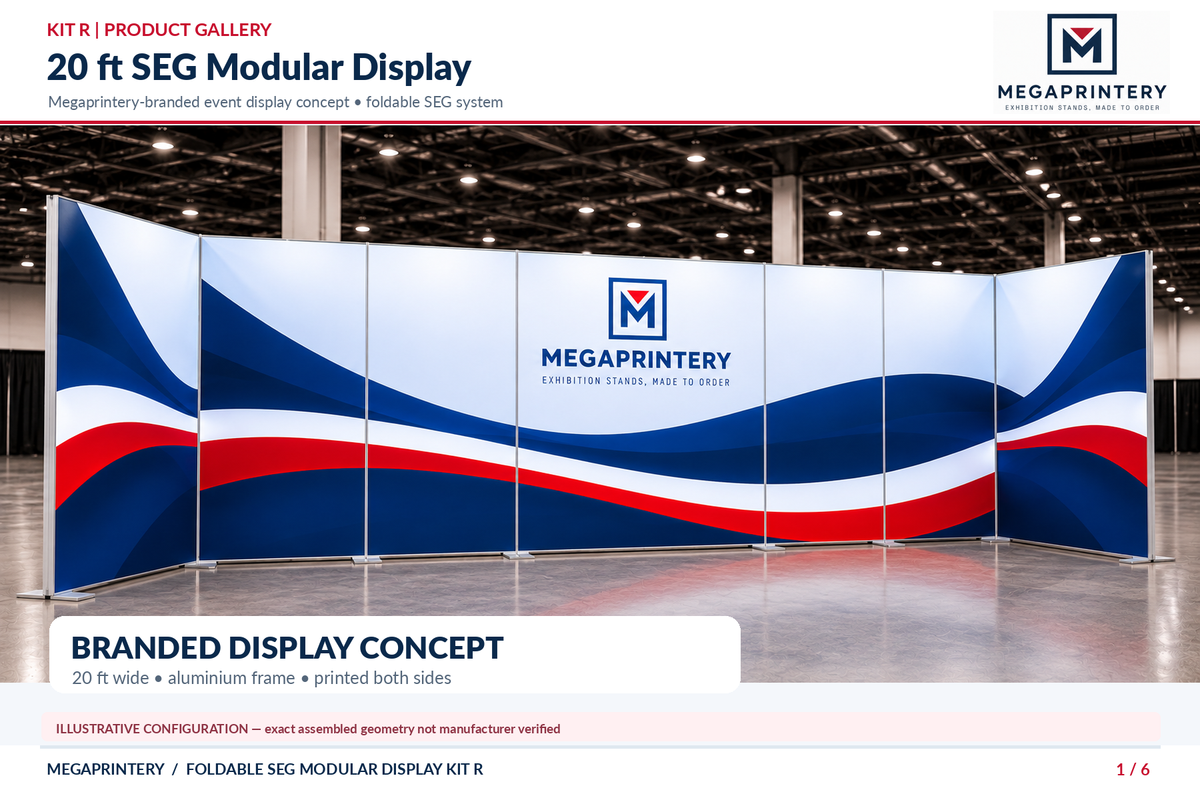 Kit R — illustrative 20-ft segmented SEG exhibition display with angled ends; exact manufacturer assembly not verified.