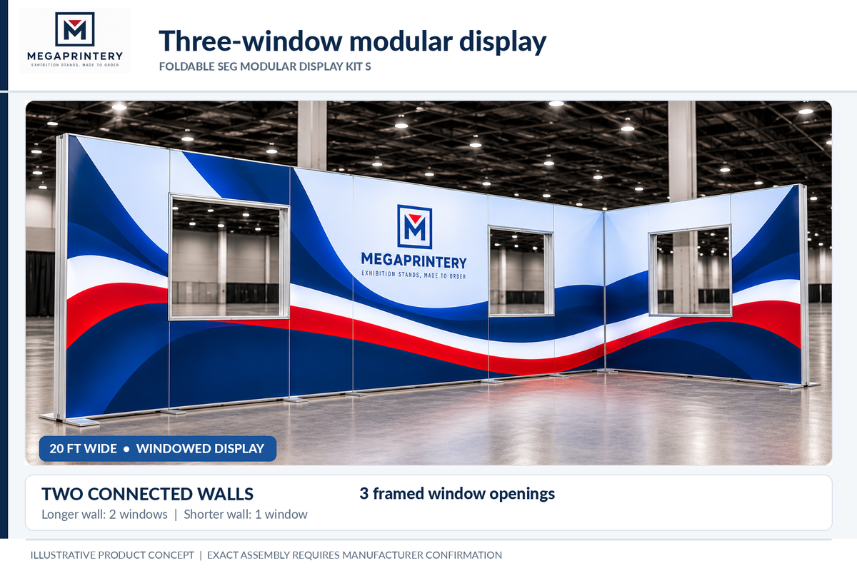 Kit S — 20 ft illustrative windowed modular exhibition display, two windows on long wall and one on short wall; geometry unverified.