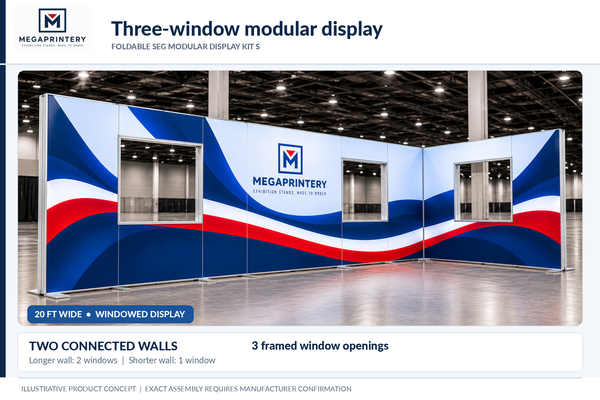 Kit S — 20 ft illustrative windowed modular exhibition display, two windows on long wall and one on short wall; geometry unverified.