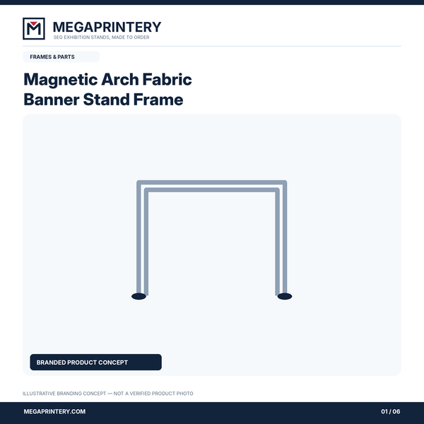 Magnetic Arch Fabric Banner Stand Frame: illustrative branded graphic 1 of 6; exact configuration not verified