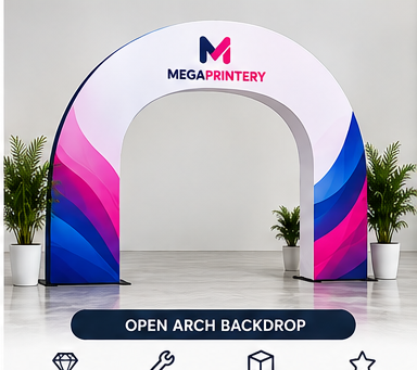 Illustrative Megaprintery branded concept for Open Arch Backdrop; product configuration may vary