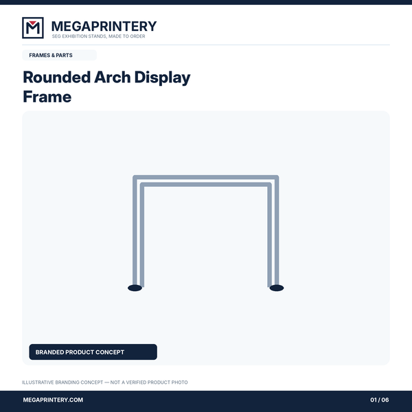 Rounded Arch Display Frame: illustrative branded graphic 1 of 6; exact configuration not verified