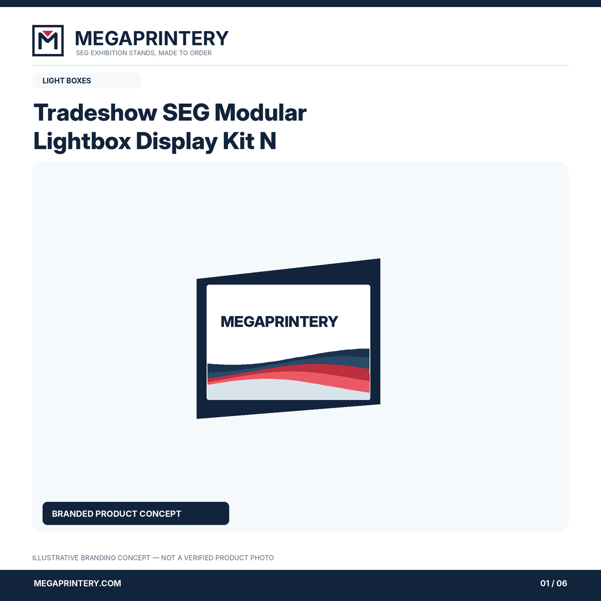 Tradeshow SEG Modular Lightbox Display Kit N: Megaprintery illustrative concept graphic 1 of 6; not a verified product photograph
