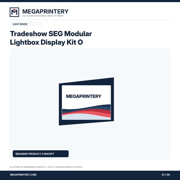 Tradeshow SEG Modular Lightbox Display Kit O: Megaprintery illustrative concept graphic 1 of 6; not a verified product photograph